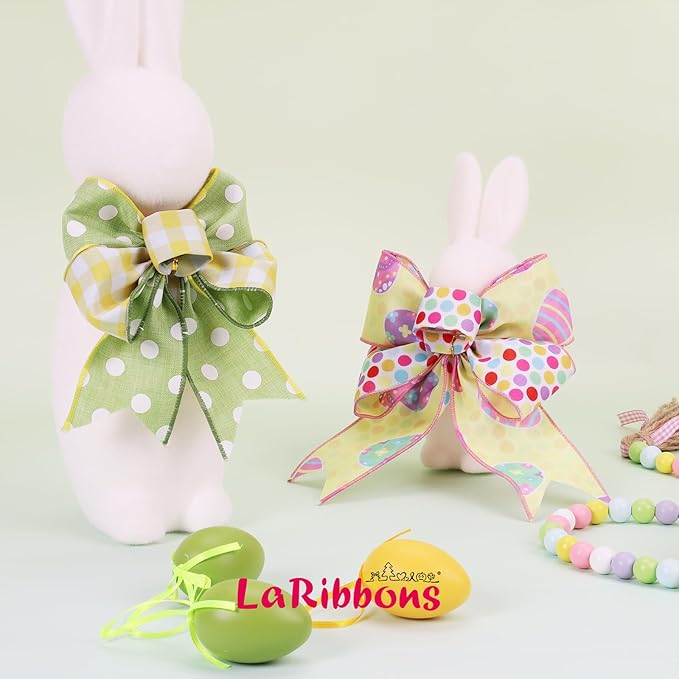 LaRibbons Double Faced Easter Ribbon Wired 2 Rolls 2.5 Inch x 12 Yards TTL, Pink Green Yellow Polka Dot Plaid Burlap Ribbon for Baskets Crafts Gift Wrapping Wreath Bow Decoration
