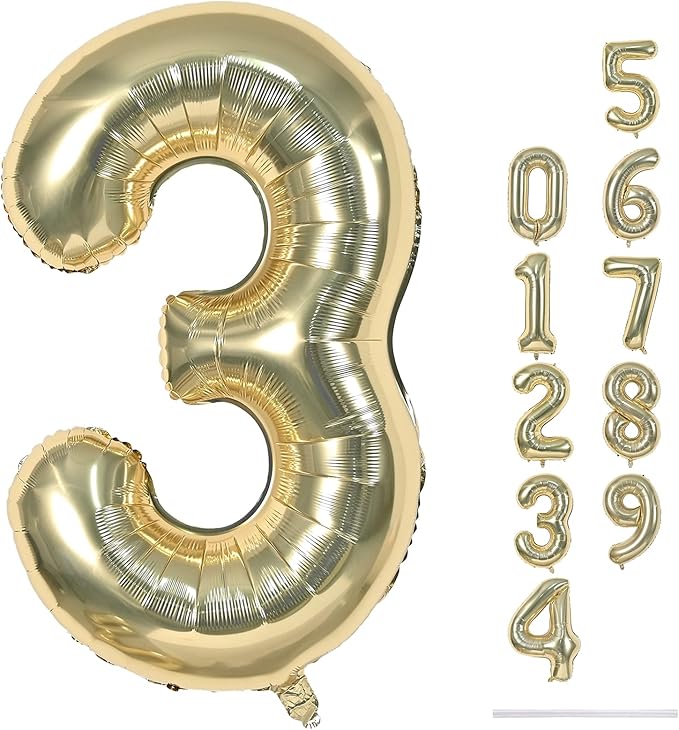 Champagne Gold Number 3 Balloons, 40 Inch Giant Light Gold Helium Foil Number 0-9 for Girls, Self Inflating 3rd Birthday Balloon for Boys Women Men Anniversary Baby Shower Party Decorations Supplies