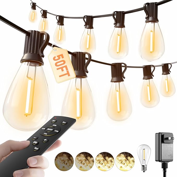 luckystyle 50FT LED Outdoor String Lights with Remote,16+1 Shatterproof Bulbs Waterproof and Dimmable Patio Lights for Porch, Garden, Backyard, Deck, Balcony, 2200K, Hanging Lighting