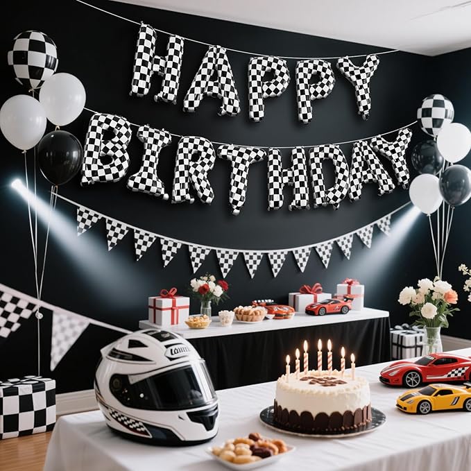 CANREVEL Happy Birthday Banner 13pcs 16 Inch Mylar Foil Letters Sign Balloons Racing Car Birthday Party Decorations for Kids and Adults - 3D Black & White Checkered
