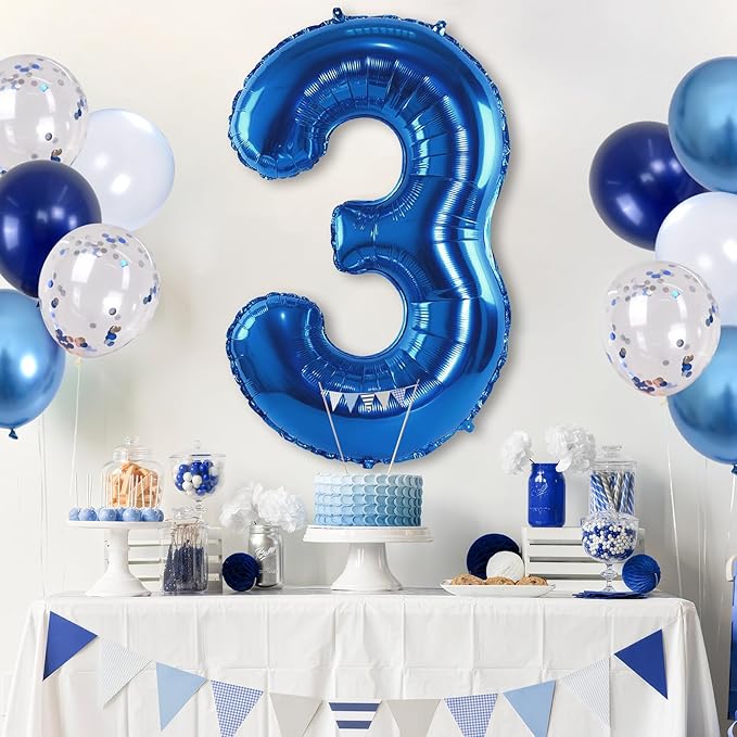 Navy Blue 3rd Birthday Balloon - Giant Self Inflating Number 3, Metallic Dark Blue Silver Confetti Helium Balloon, Foil 40 Inch Three for Boys 3 Year Old Birthday Party Anniversary Decor