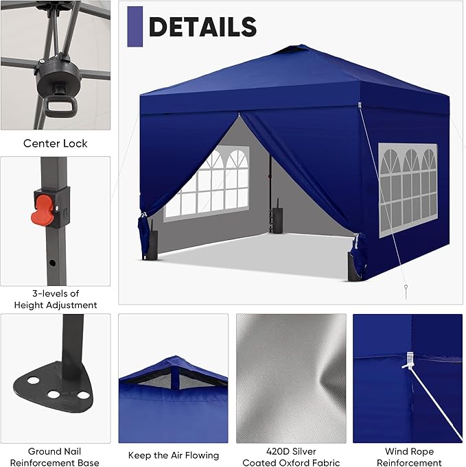GDY 10x10 Pop Up Canopy Tent with 4 Sidewalls, Easy Set up with One Push Lift Outdoor Silver Coated Beach Gazebos, Carpas with 4 Sandbags, for Events, Parties,Camping, Navy Blue.