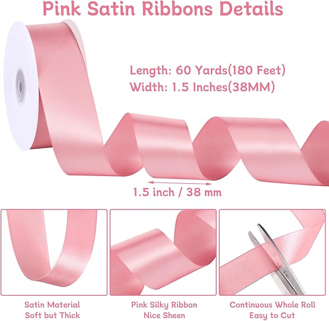 woric Pink Ribbon 1 1/2 Inch 60 Yards Single Faced Pink Satin Mothers Day Ribbon for Graduation Leis Handmade Roses Bows Wedding Garden Vase Decor Crafts Flower Bouquet