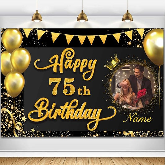 Custom Happy 75th Birthday Decorations Banner -75 Years Old Birthday Decorations Backdrop for Women Men Boys Girls - Personalization Happy 75th Birthday Party Decorations Supplies - Black and Gold