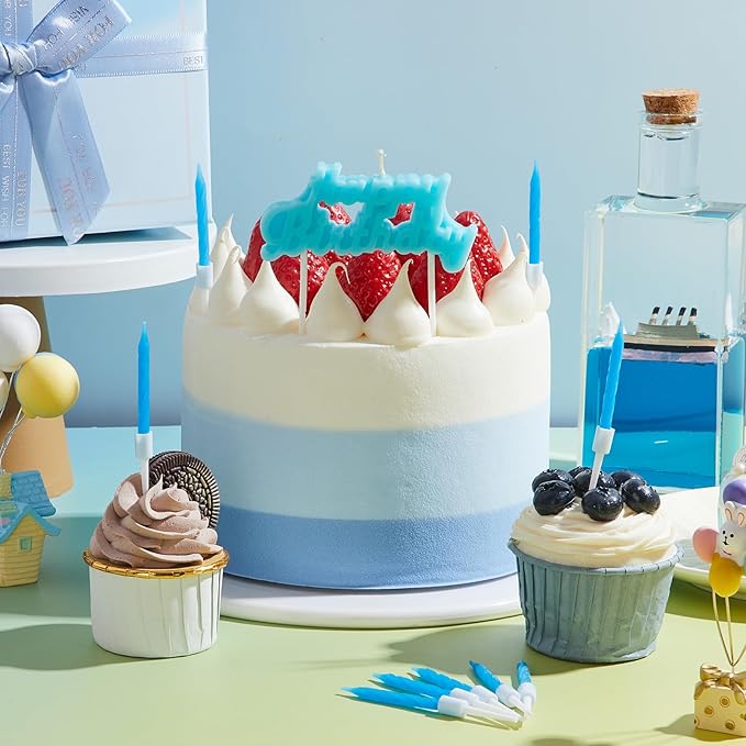 MTLEE Happy Birthday Candles Letter Cake Topper with 10 Pcs 2.95 Inch Short Thin Spiral Candles for Cake Topper Birthday Decoration Party Supplies(Blue)