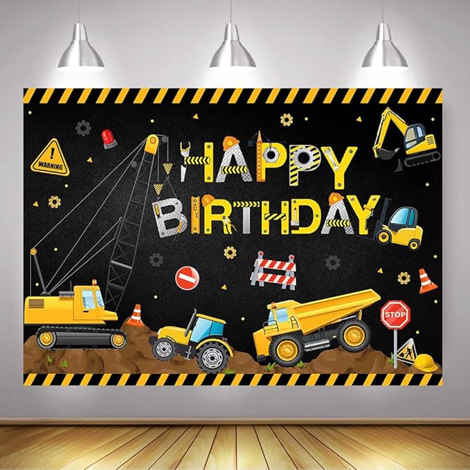 Mocsicka Construction Birthday Party Backdrop Dump Truck Birthday Background for Boys Digger Zone Construction Party Decorations Cake Table Banner (Black-Yellow, 8x6ft(96x72 inch))