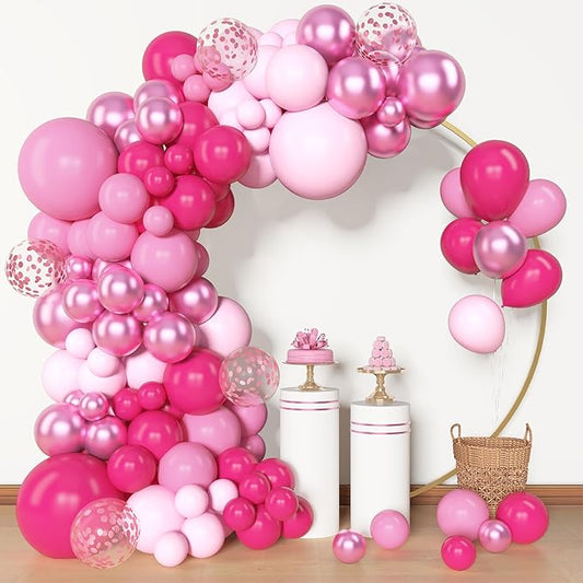 Amandir 153 Pcs Pink Balloon Arch Garland Kit, Different Sizes 18 12 10 5 inch Latex Metallic Confetti Hot Pink Balloons for Mothers Day Baby Shower Birthday Princess Wedding Party Decorations