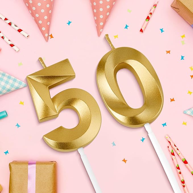 Birthday Candles, 1.96 Inch Number 50 Happy Birthday Candles, Number Candles Decoration for Birthday Party and Anniversary Celebration(Champagne Gold)