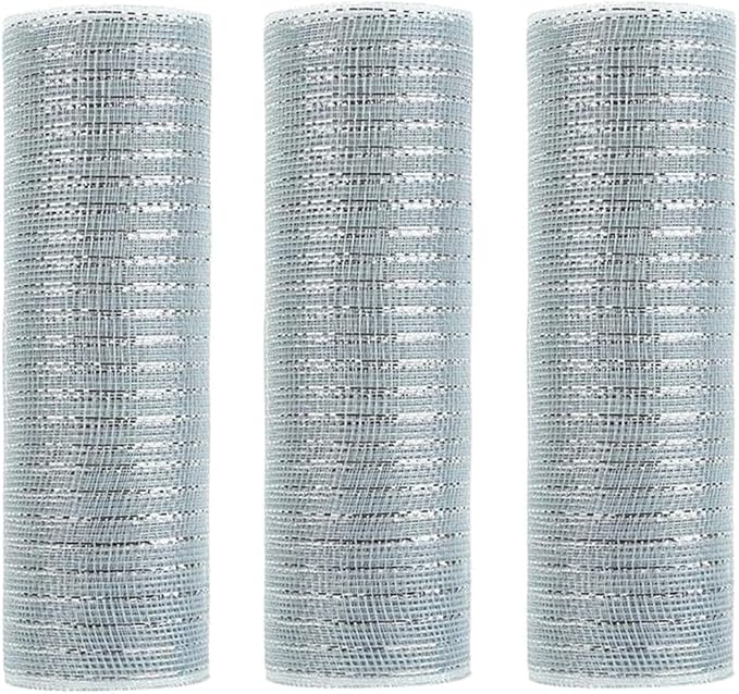 3 Rolls Silver Deco Mesh Ribbon for Wreath Making Supplies, 10 Inch x 30FT Metallic Foil Burlap Deco Mesh Fabric for Summer Christmas Halloween New Year Wreath Swags and Decorating