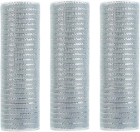 3 Rolls Silver Deco Mesh Ribbon for Wreath Making Supplies, 10 Inch x 30FT Metallic Foil Burlap Deco Mesh Fabric for Summer Christmas Halloween New Year Wreath Swags and Decorating