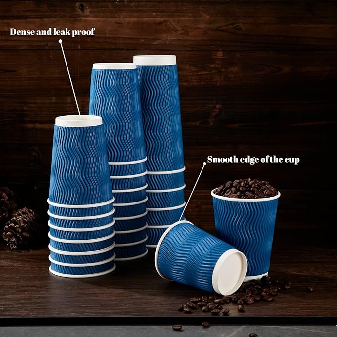 Lamosi 120 Pack 8 oz Disposable Coffee Cups, Insulated Corrugated Paper Cups, Kraft Ripple Wall Cups for Hot Beverage or Cold Drinks Office/Home/Party/Travel/Cafe (Navy)