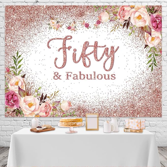 Mocsicka Fifty and Fabulous Backdrop Rose Gold Floral 50th Birthday Party Photo Backdrops Happy Fifty 50th Birthday Party Decorations Photography Background (6x4ft, 50th)