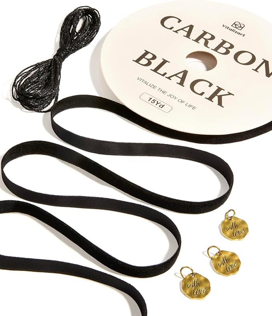 Vitalizart Black Velvet Ribbon Set 3/8" Continuous Fabric Trim Thin Ribbon 15Yd for Gift Wrapping, Tree Ornaments, Vintage Christmas Paper, Crafts, Bows, Holiday Decor with Gift Twine