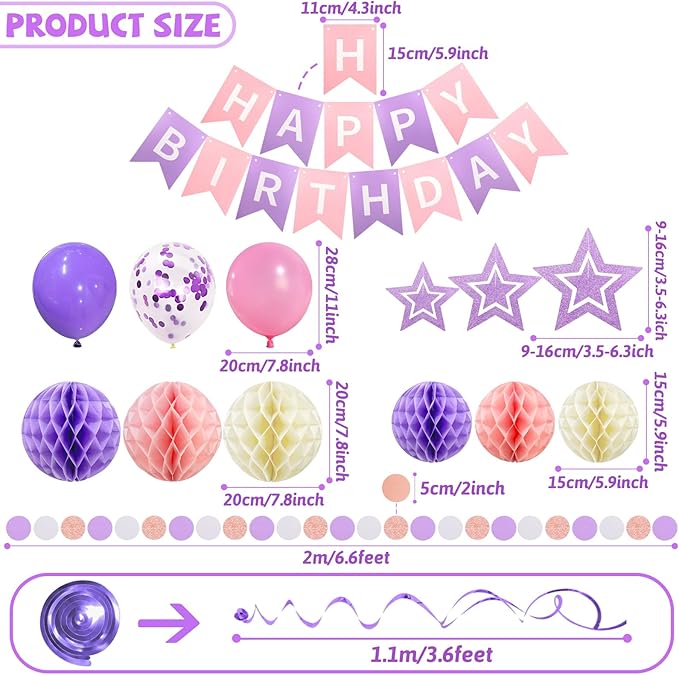 ZERODECO Birthday Decorations, Easy to Assemble Purple Happy Birthday Banner with Honeycomb Ball, Balloon, Hanging Swirl Streamer, Garland, Happy Birthday Party Decorations for Women Girls Kids