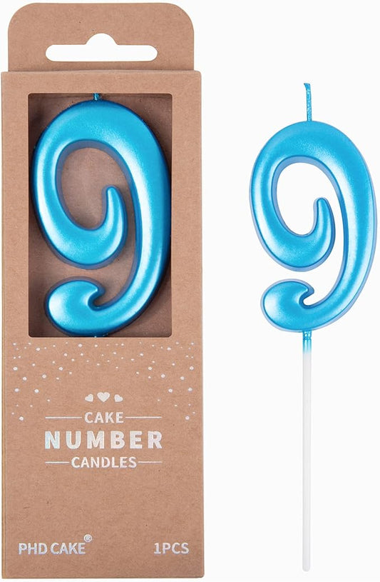 PHD CAKE 2.76 Inch Elegant Blue 9 Number Birthday Candles, Blue Number Candles, Cake Number Candles, Party Celebration