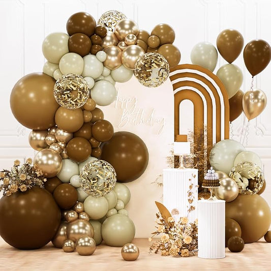 PartyWoo Brown Balloon Arch Kit Garland 142pcs Different Sizes of 18 12 10 5 Inch Dark Brown White Sand Beige Neutral Boho Fall Gold Confetti Balloons for Baby Shower Birthday Safari Party Decorations
