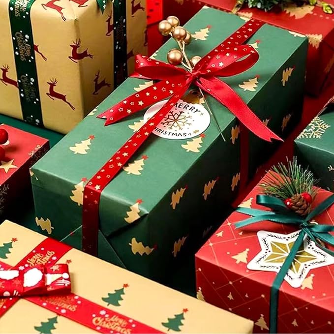 SIWRIOM Christmas Wrapping Paper 7 Pack - Large 29 x 20 Inch Vintage Kraft Gift Wrap Sheets with Holiday Designs (Tree, Snowflake, Reindeer) for Xmas Festive Present Decorations