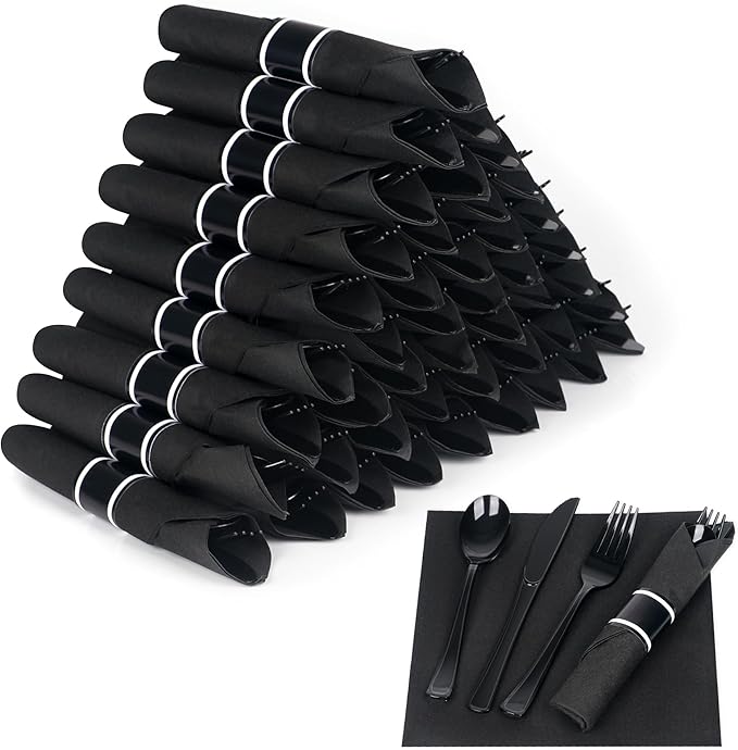 50 Pack Pre Rolled Black Plastic Silverware Set,Wrapped Plastic Cutlery Set with Napkin Include 50 Forks,50 Spoons,50 Knives and 50 Black Napkins for Party,Wedding