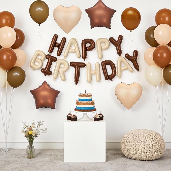 Cream Brown Birthday Decorations,Brown and Nude Balloons Happy Birthdays Banner Balloon Heart and Star Foil Balloons for Men Boy Birthday Baby Shower Party Decorations