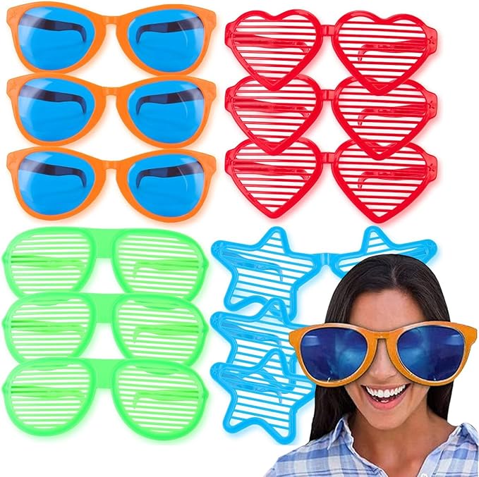 Liberty Imports 12 Pack Jumbo Sunglasses Novelty Plastic Photo Booth Glasses, Fun Disco Shutter Shades for Costumes Cosplay Props Party Supplies