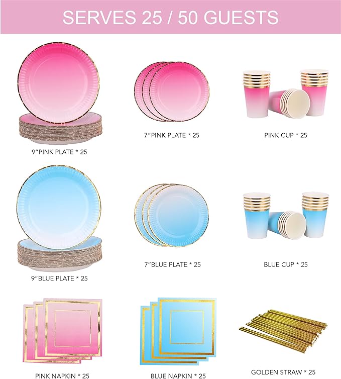 Ottin Gender Reveal Party Decorations 250 Pcs Pink and Blue Party Supplies Paper Plates and Napkins Set for Boy or Girl Birthday Wedding Bridal Shower