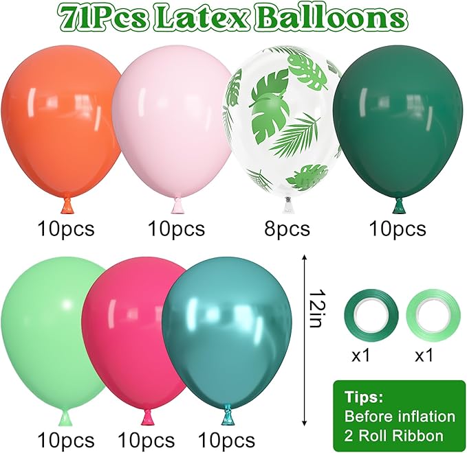 Ouddy Life 71pcs Tropical Hawaiian Balloons Set, 12 inch Luau Party Decorations Hot Pink Dark Green Palm Leaves Balloons for Tropical moana Aloha Summer Beach Birthday Baby Shower Party Decorations