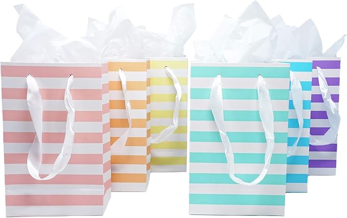 Chloe Elizabeth Paper Favor Gift Bags for All Events & Parties w/Satin Ribbon Handles + Decorative Tissue Paper, 12 Count (Rainbow Pastel Mix)