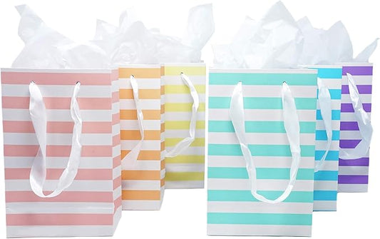 Chloe Elizabeth Paper Favor Gift Bags for All Events & Parties w/Satin Ribbon Handles + Decorative Tissue Paper, 12 Count (Rainbow Pastel Mix)