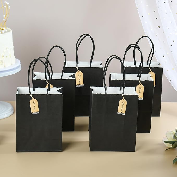 DjinnGlory 60 Pack Tiny Mini Black Paper Gift Party Goodie Bags with Handles Bulk 6.3 x 4.7 x 2.75 Inch for Halloween Birthday Favors Treats, DIY Crafts, Small Business Merchandise Kraft Bags