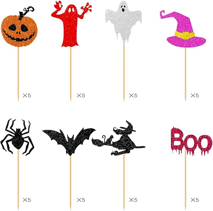 Glitter Happy Halloween Cupcake Toppers including Pumpkin Boo Ghost Hat Witch Spider Bat Food sticks Decorations for Halloween Themed Kids Birthday Party -40PCS