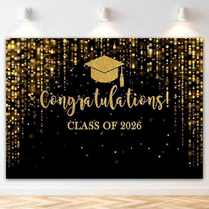 Mocsicka Class of 2026 Backdrop Black Gold Glitter Bokeh Graduation Party Background 2026 Congrats Grad Prom Party Cake Table Decoration Photo Booth Props (8x6ft)