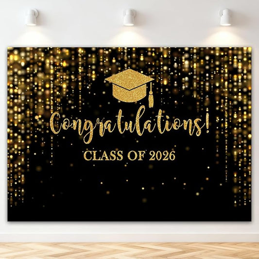 Mocsicka Class of 2026 Backdrop Black Gold Glitter Bokeh Graduation Party Background 2026 Congrats Grad Prom Party Cake Table Decoration Photo Booth Props (8x6ft)
