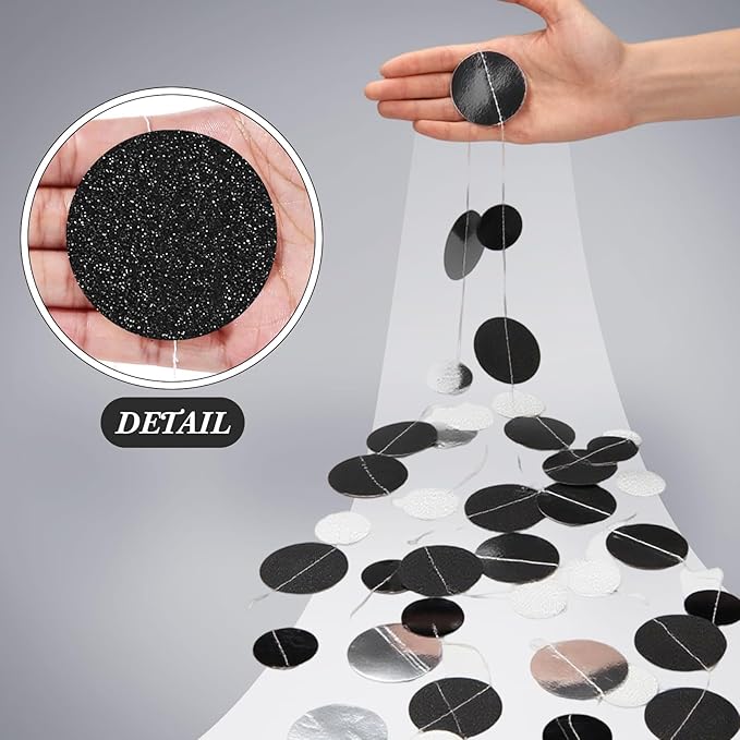 Outus 5 Pieces Black,Silver Round Dots Garland Graduation Party Hanging Decor Each Length 13.1ft Glitter Paper Dot Streamers for Birthday Wedding Classroom Supplies