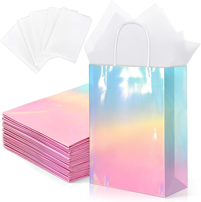 MIMIND 24 Pack Iridescent Paper Gift Bags with Handles Holographic Party Favor Bags with Tissue Paper 8.7 x 6.3 x 3.1 Inch Glitter Gradient Pink and Blue Goodie Candy Bag for Wedding Birthday Parties