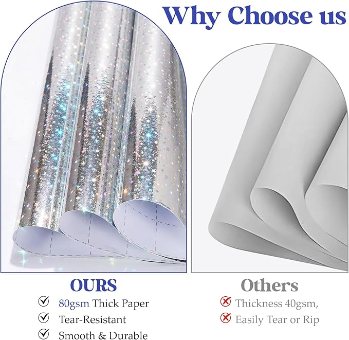 Bafeil Silver Star Wrapping Paper Roll - Metallic Holographic Gift Wrap with Ribbon for Birthday, Mothers Day, Graduation, Wedding, Engagement, Baby Shower, 17 IN x 32.8 FT