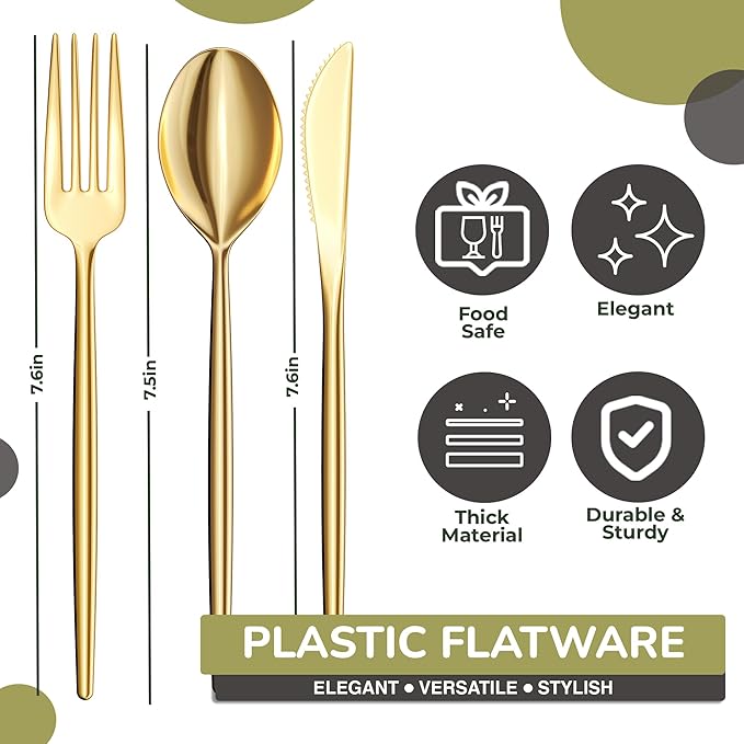 Trendables Gold Plastic Silverware Set Gold Silverware Disposable Forks and Spoons Disposable 120 Pack Plastic Utensils Set Includes 3 x 40 each Knives & Spoons & Forks For Parties and Events