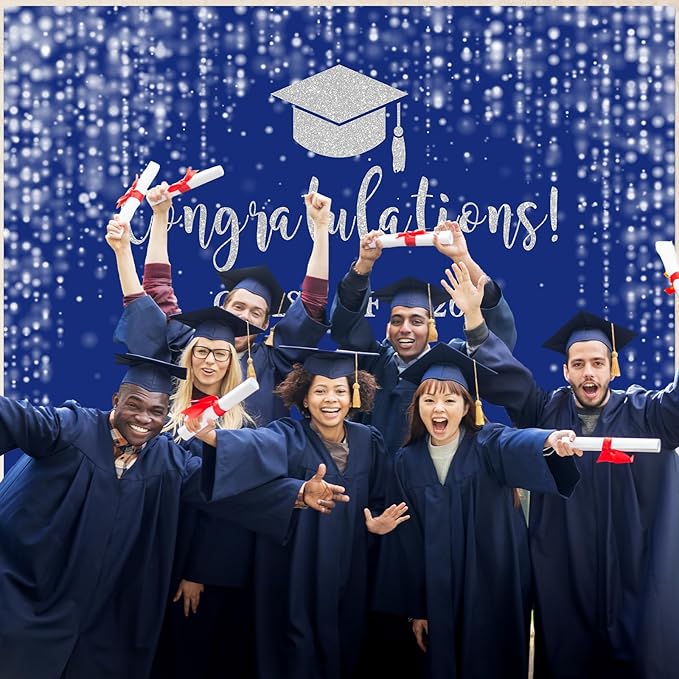 Mocsicka Class of 2026 Backdrop Blue Silver Glitter Bokeh Graduation Party Background 2026 Congrats Grad Prom Party Cake Table Decoration Photo Booth Props (10x7ft)