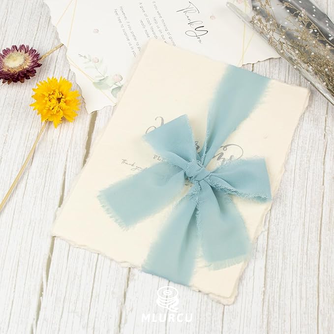 Haze Blue Chiffon Ribbon - 1-1/2 Inch x 21 Yards Handmade Fringe Silk Ribbon for Gift Wrapping, Wedding Invitations, Bridal Flower Bouquets