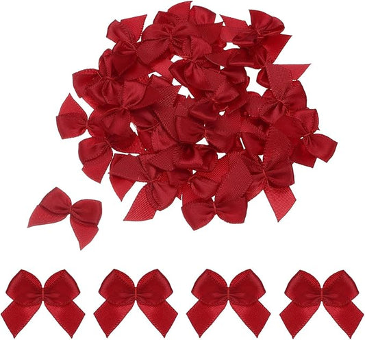 MECCANIXITY 50Pcs Mini Ribbon Bow 1" Mini Fabric Satin Ribbon Flower Bows for Craft DIY Sewing Wedding Birthday Party Gift Wrap Bows Wine Red