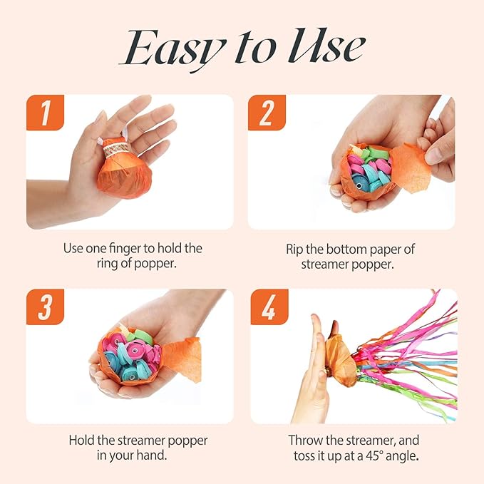 10Pack Colorful Streamer Poppers, No Mess Multi-Color Paper Crackers, Hand Throw Confetti Streamers for Birthday, Wedding, Party Celebrations