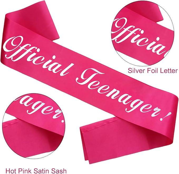Official Teenager Sash, Silver Foil 'Official Teenager' Pink Birthday Sash for Girl 13th Birthday Party Decorations Gifts Favors