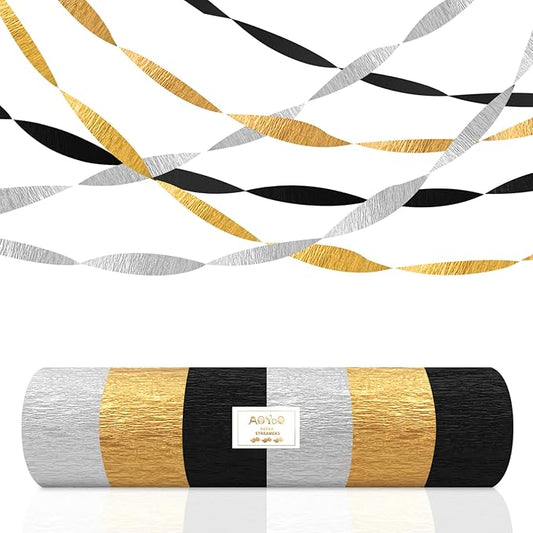 AOYOO Crepe Paper Streamers, 6 Rolls Black Gold and Silver Party Streamers, Premium Black and Gold Party Decorations for Birthday, New Years Eve, Wedding and Graduation Supplies