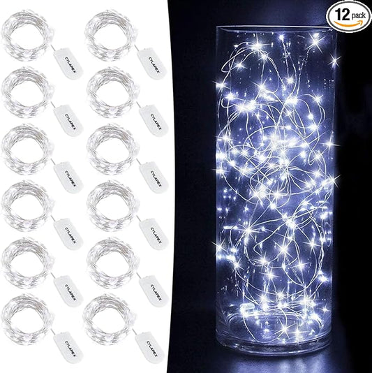 CYLAPEX 12 Pack Fairy Lights Battery Operated 7ft 20 LED Mini String Lights Silver Wire Firefly Starry Moon Lights for Wedding Mason Jars Party Christmas Centerpiece Table Decorations, Cool White