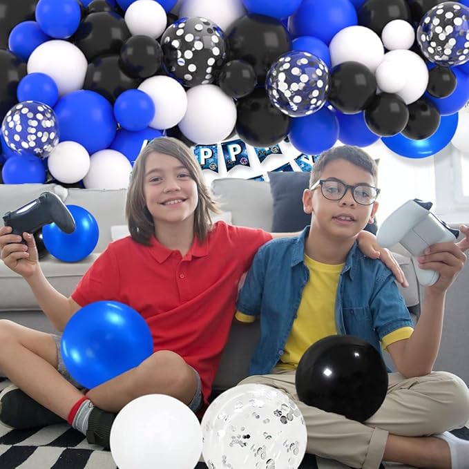 Royal Blue Black Silver White Balloon Arch Garland - Blue, Black, White Metallic Silver Confetti Balloons Video Game Balloon for Birthday Graduation 2026 Prom Party Decorations