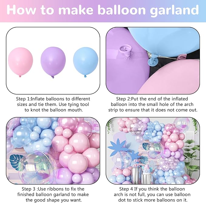 HILAVO Pink Blue Purple Balloons Arch Kit Iridesent Balloons Clear Balloon Pastel Pearl Pink Purple Lavender Blue Balloon Garland for Girl Gender Reveal Hawaii Birthday Baby Shower Mermaid Party Decor