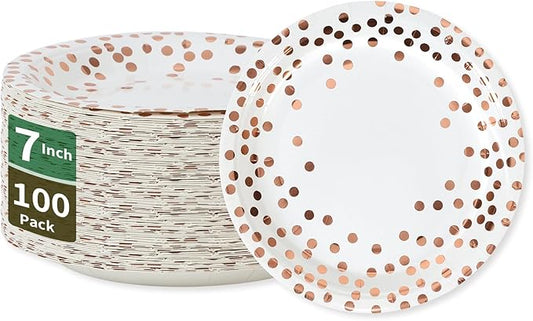 Rose and White Gold Paper Plates,7INCH Rose Dessert Plates,Disposable Party Supplies Dessert Paper Plate for Birthdays,Bridal Showers,Weddings(100 PCS)