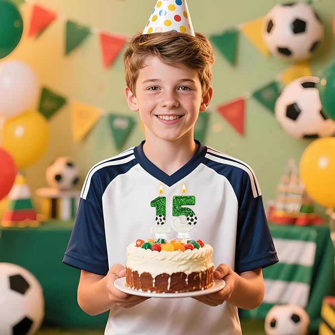 Soccer Birthday Candles Cake Topper for Girl and Boy, Wedding Cakes, Anniversaries, Party Celebrations, Birthday Decorations (Green White, 15)