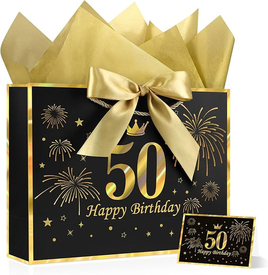 JMANNI Black Gold 50th Birthday Gift Bag with Card and Tissue Paper, 12.6"×9.84"×3.9" Elegant Present Bag for Men Women, 50 Year Old Birthday Keepsake Party Supplies