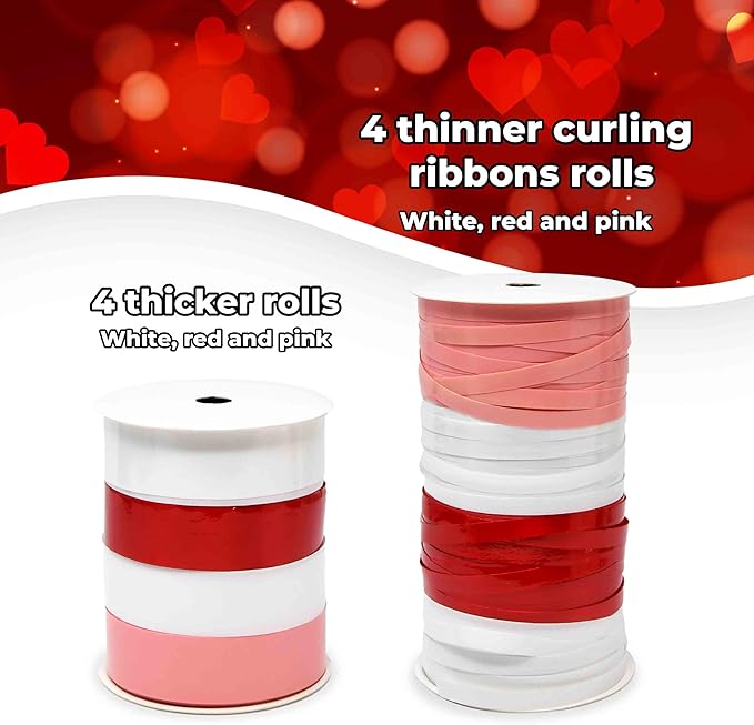 Valentine Gift Wrap Bows and Curling Ribbon Set, Red Pink and White Decorative Self Adhesive Bows with Heart Print Ribbon for Gift Wrapping, Packaging and Valentine’s Day
