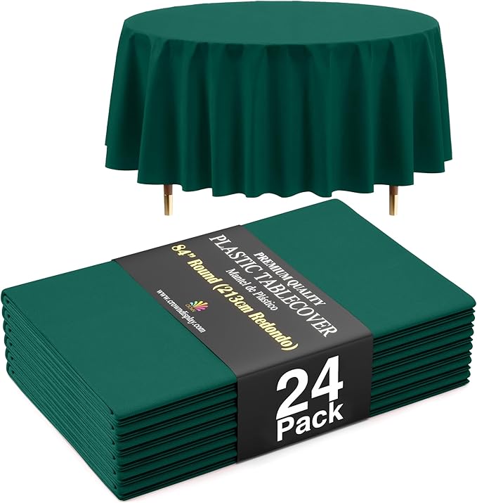 Exquisite 66% Thicker Premium Dark Green Round Tablecloth 0.5 Mil 24 Pack Plastic Table Cloth Disposable 84 Inch Round Plastic Tablecloth Won't Tear Easily Like Cheap Thin Brands